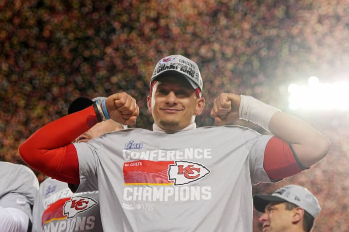 Chiefs quarterback Patrick Mahomes celebrates after leading the Chiefs to the AFC championship against the Bengals.